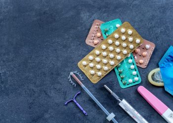 Choosing method of contraception : Birth control pills, an injection syringe and condom,IUD-method
