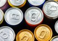 Group of aluminium cans, cold drink. Top view.